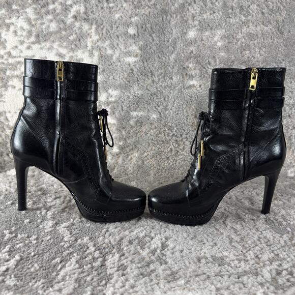 BURBERRY Size 39EU 9US Black Leather Brogue Manners 100 Platform Boots Buckle - Picture 6 of 8